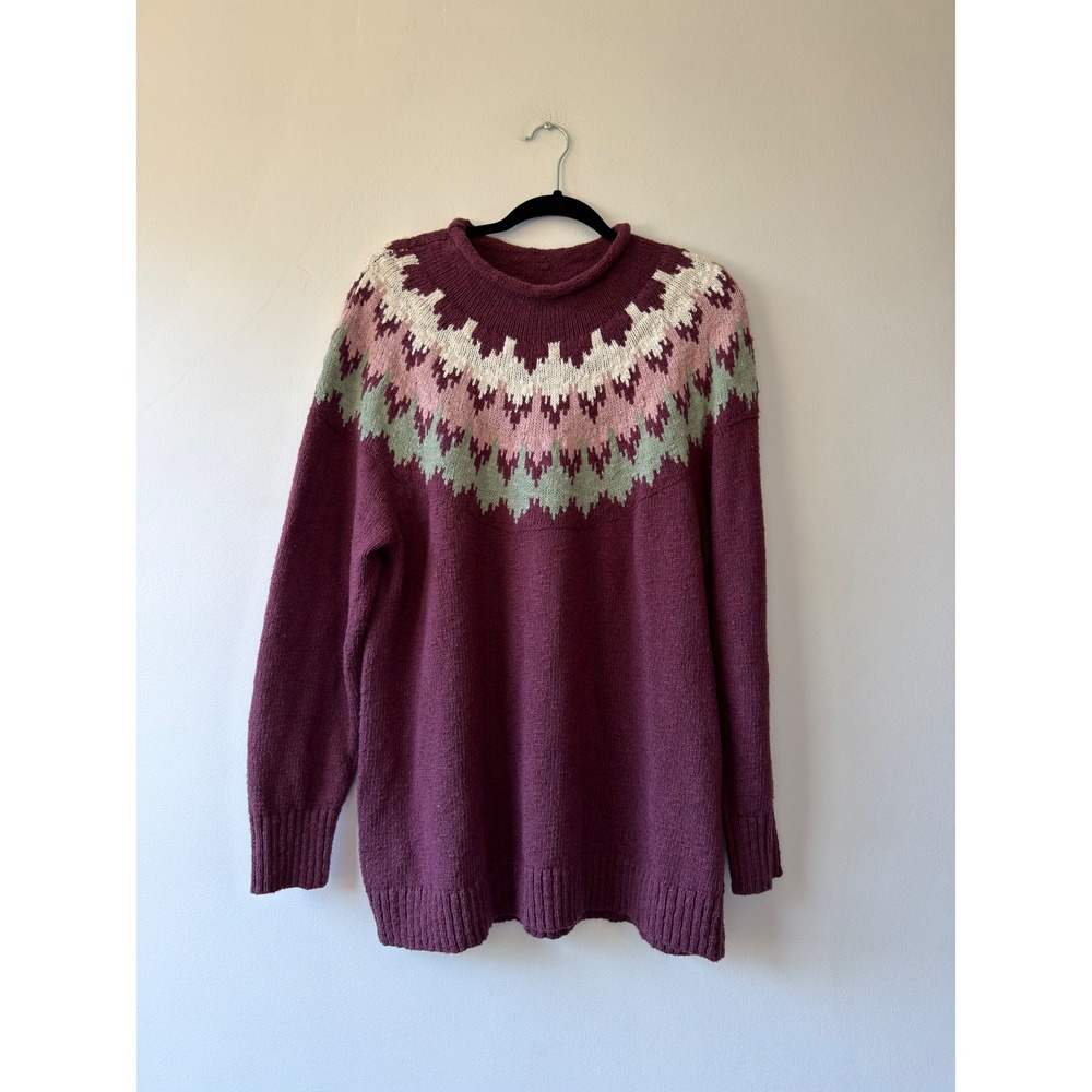 LL Bean Womens 2X Plus Fair Isle Cotton Knit Sweater Burgundy Plum 515183